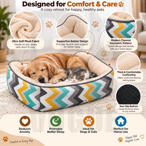 Image of PetVogue Pet Bed for Dogs & Cats, Soft Plush Cushioned Sleeping Bed with Raised Supportive Sides, Cozy Comfortable Pet Resting Mat for Small & Medium Pets, Multicolor