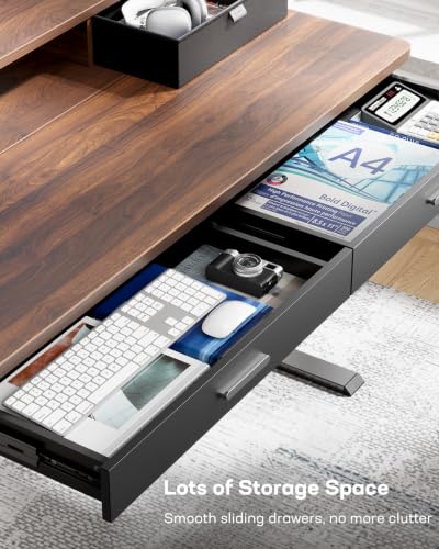 Image of HUANUO 55 x 30 inch Electric Standing Desk with 2 Wood Drawers, Adjustable Height Sit Stand Desk for Home Office, Ergonomic Stand up Desk with 4 Memory Presets, 176 lbs Capacity, Walnut Top