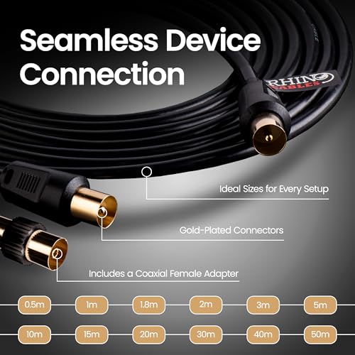 rhinocables Coaxial TV Aerial Cable with Gold-Plated Connectors | Male to Male RF Coax Lead with Female Adapter | Universally Compatible Fly Lead for HD/Standard TVs & Satellite Receivers (50cm,Black)