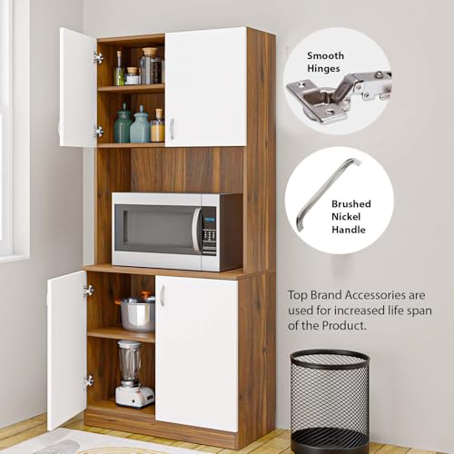 Image of VIKI Furniture | Kitchen Cabinet - 5 Tier Unit with Doors & Open Shelves, Organizer for Kitchen, Bedroom, Hallway & Living Room (Brussel Walnut & Frosty White - 40D x 80W x 180H cm) | 1 Year Warranty