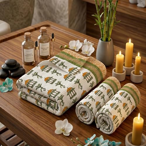 Image of Mafatlal Madhuban Cotton Waffle Set (1 Bath 147x76 cm + 2 Hand 76x38 cm) | 250 GSM | Lightweight, Quick Dry Floral | Online Lime