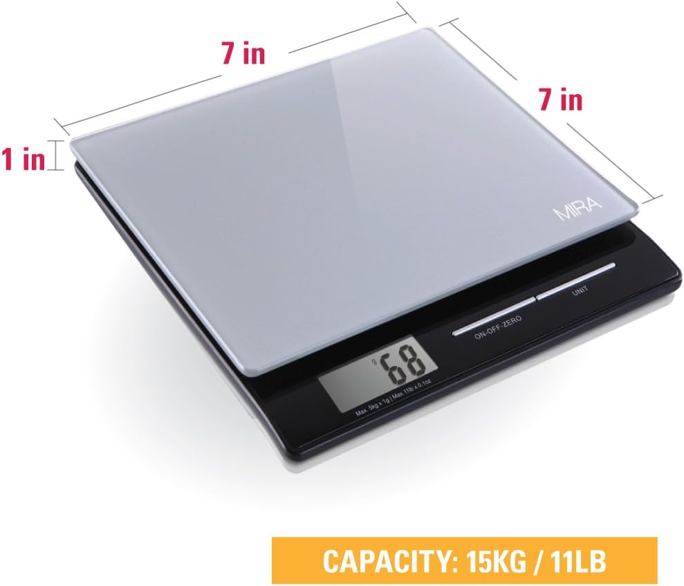 MIRA 11 lb Digital Food Scale - Glass Platform with Multi-Unit Measurement - Easy One-Touch Tare Function