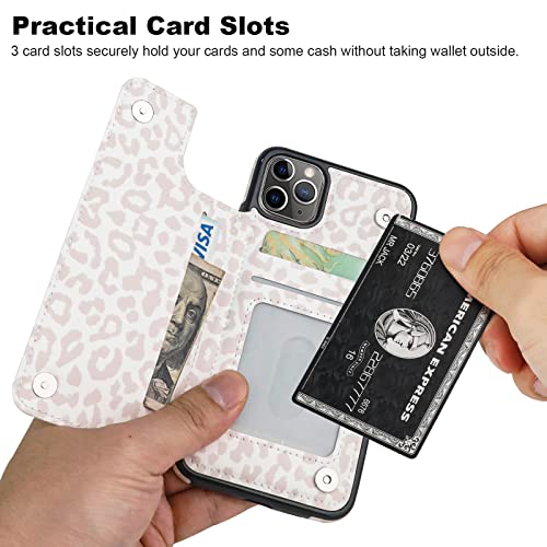 Haopinsh For Iphone 11 Pro Max Wallet Case With Card Holder, White Leopard Cheetah Pattern Back Flip Pu Leather Kickstand Card Slots Case For Girls Women, Double Magnetic Clasp Shockproof Cover 6.5" #TOP2