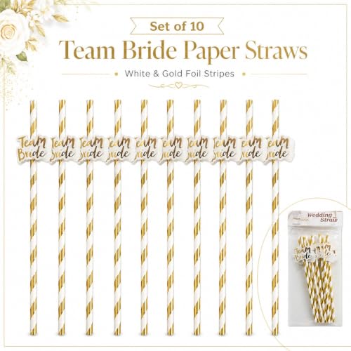 Image of Wanna Party Team Bride Straws Set of 10 | White & Gold Paper Straws with Team Bride Tags | Bachelorette Party Decorations, Bridal Shower Accessories, Hen Party Drink Straws
