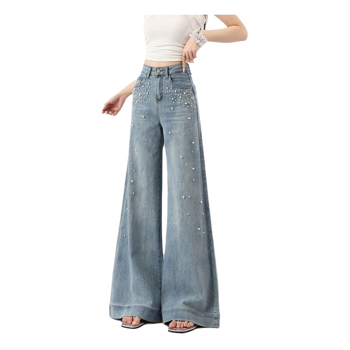 Jeans large femme léger pour éviter la chaleur pantalon strass bleu clair