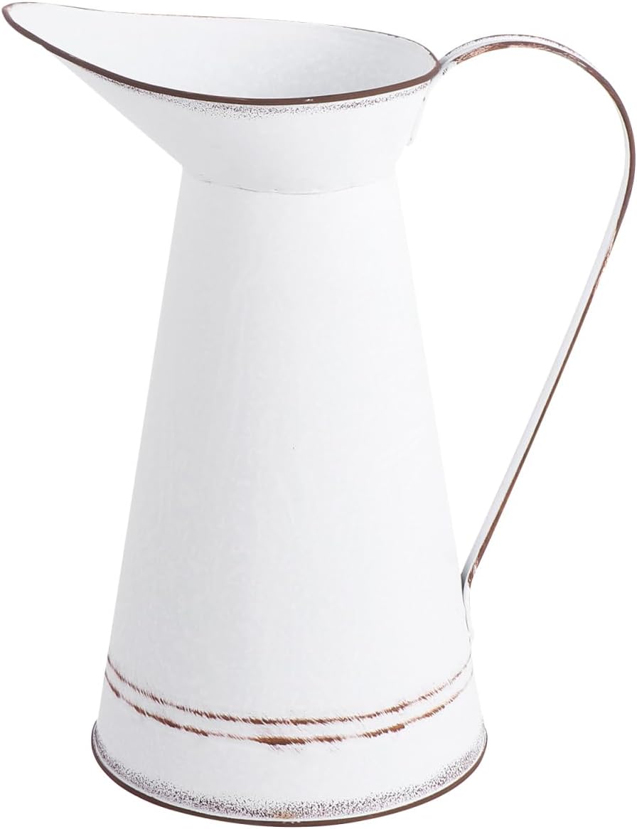 IMIKEYA Farmhouse White Pitcher Vase - Vintage Rustic Flower Container for Home Decor - Table Centerpieces and for Countryside Style Flower Arrangements