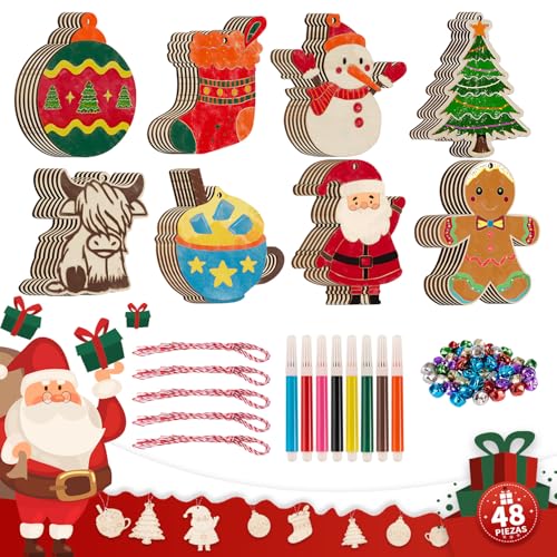 Lanpn Kits Manualidades navideñas para Niños, Manualidades Navideñas, Christmas Decoración de Vacaciones Colgante de Madera navideño DIY Decor Wood para Pintar Adultos (48 Piezas)