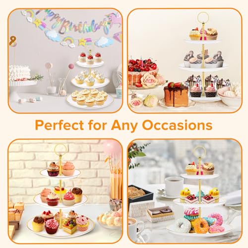 Hoedia 3 Tier Cupcake Stand Tower, White Plastic Cup Cake Holder for Dessert Table, Tiered Serving Tray for Tea Party, Baby Shower, Wedding and More, Round