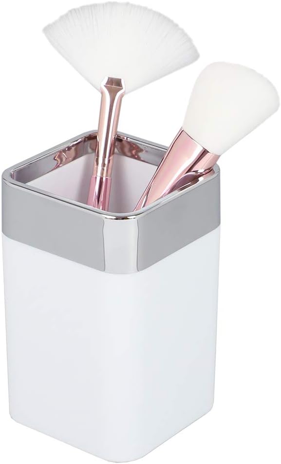 Home Basics Square Matte White with Chrome Trimmed Top Band Bathroom Accessory Cup 10 oz. ABS Break Resistant Plastic | Rounded Corners, Multi-Use Tumbler