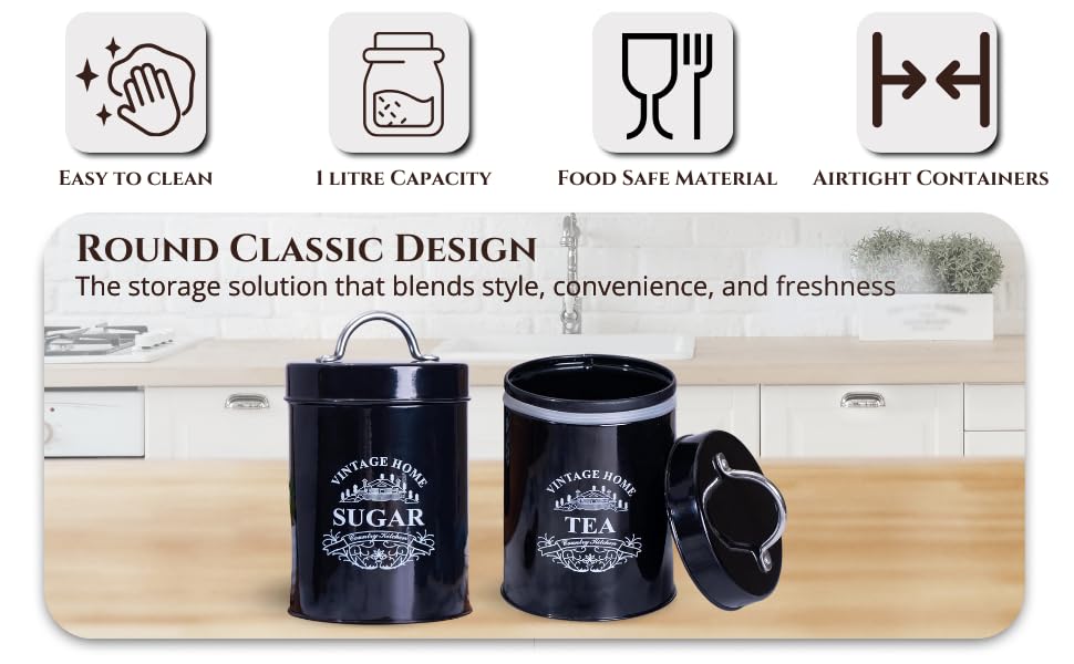 Image of Metallure Home Round Classic Tea Sugar Container Set of 2 | Metal Container for Kitchen Storage | Airtight Jar Set | Food-Safe Tea Jars for Kitchen (Black)