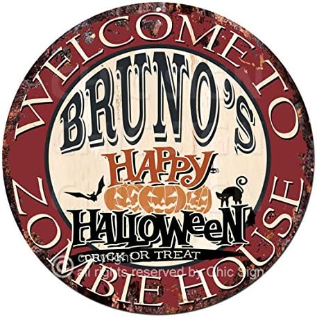 Bienvenido a The Bruno'S Happy Halloween Zombie House Chic Cartel de hojalata rústico desgastado estilo vintage retro cocina, bar, pub, cafetería,