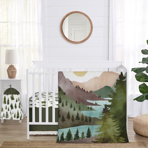 Image of Sweet Jojo Designs 4-Piece Baby Crib Bedding Set (Sage Green Woodland) for Boys or Girls, Infants /Nursery incl. Blanket, Fitted Sheet, Skirt, Diaper Stacker (Forest Nature, Pine Tree, Christmas Trees)