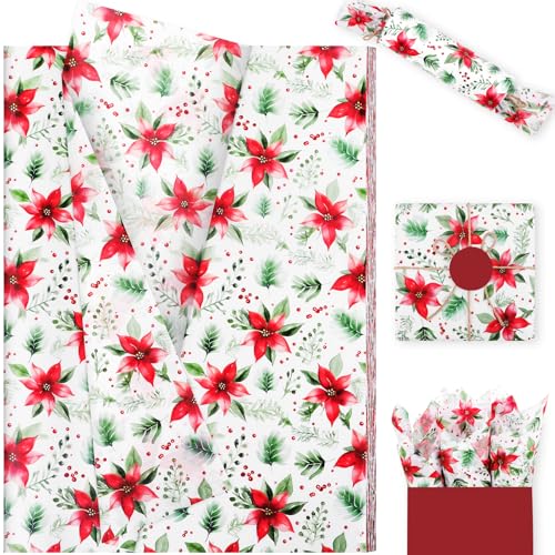 20 Sheets Red Christmas Flower Tissue Paper, 20 x14in Red Xmas Flower Tissue Paper Bulk for Bags Wrapping for DIY Crafts Christmas Birthday Weddings Thanksgiving Party Decor