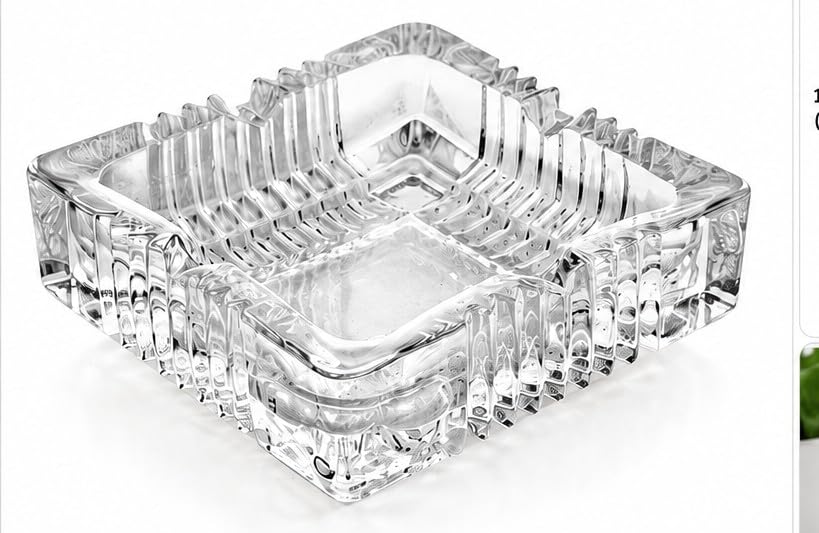 Crystal Glass Ashtray, Square Shape with Ribbed Texture | 4 Cigarette Rests, Heavy Base, Clear Glass, Indoor Use, Decorative Design-image-23