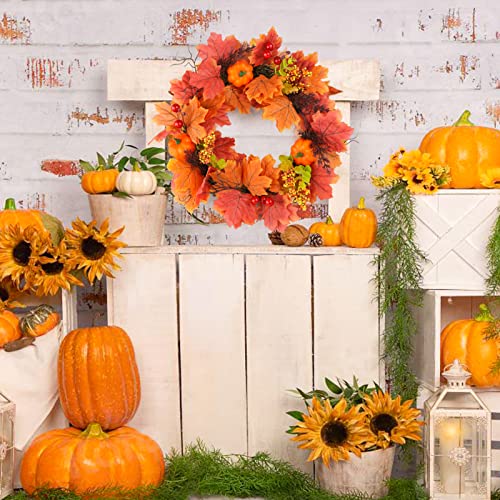Eladeco Fall Wreath For Front Door 17” Maple Leaves With Pumpkin Berries Harvest Artificial Autumn Wreath Welcome Sign For Thanksgiving Wedding Home Wall Garden Decorations #TOP3