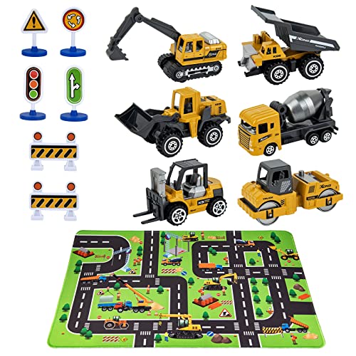 Construction Vehicles Toys with Play Mat, 6 Construction Cars, 6 Road Signs and 15.5" x 23.5" Playmat, Mini Diecast Cars Play Sets, Toy Trucks, Perfect Toy Cars Party Supplies