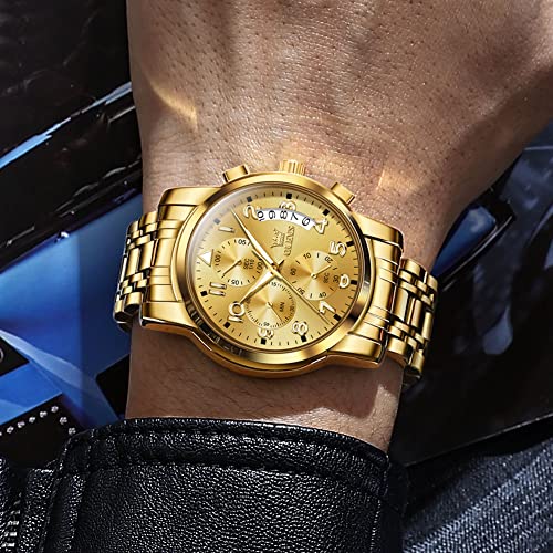 Gold Watch For Men Arabic Number Large Face Quartz Wrist Watches Stainless Steel Luxury Mens Water Resistant Luminous Chronograph Watch Calendar Display Classic Round Men's Cuff Watches Easy Read #TOP2