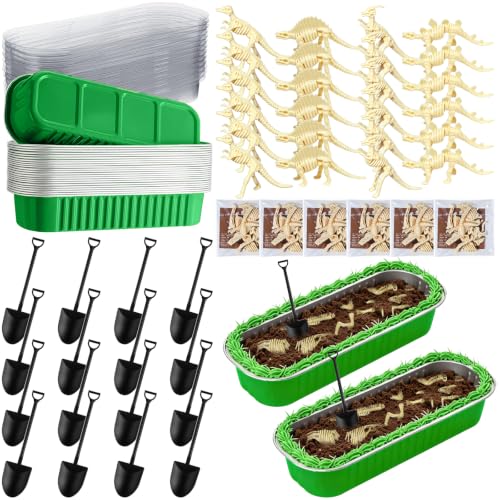 24 Set Dinosaur Fossil Skeleton Cake Toppers Dig Kit Mini Baking Pans with Lids and Shovel Spoons Desserts Tray for Baby Shower DIY Dinosaur Cake Decorations Dino Birthday Party Supplies
