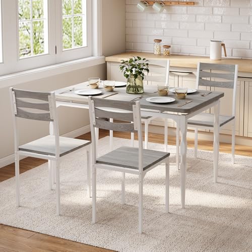 Image of Garvee 5 Piecs Dining Table Set, Farmhouse Style Dining Table and Chairs Set for 4, Dining Set for Dining Room Kitchen Apartment, Grey