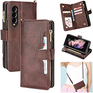 REKALRO for Galaxy Z Fold 4 Wallet Case with Card Holders, PU Leather Case Wallet Women with Long Lanyard, Wireless Charging Zipper Kickstand Magnetic Phone Case for Samsung Galaxy Z Fold 4 5G (Brown)
