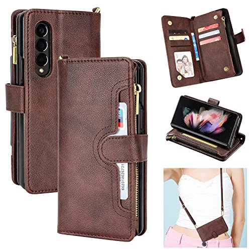 REKALRO Étui Portefeuille pour Galaxy Z Fold 4 avec Porte-Cartes, étui en Cuir PU pour Femme avec lanière, Charge sans Fil avec Fermeture éclair et béquille pour Samsung Galaxy Z Fold 4 5G (Marron) Cover