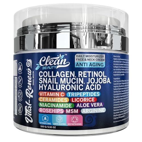 Clean Collagen Retinol For Face Moisturizer Cream | Snail Mucin Hyaluronic Acid Jojoba Vitamin C Ceramides Licorice Niacinamide Aloe Vera Rosehips MSM Arginine Glowing Skin Facial Lotion