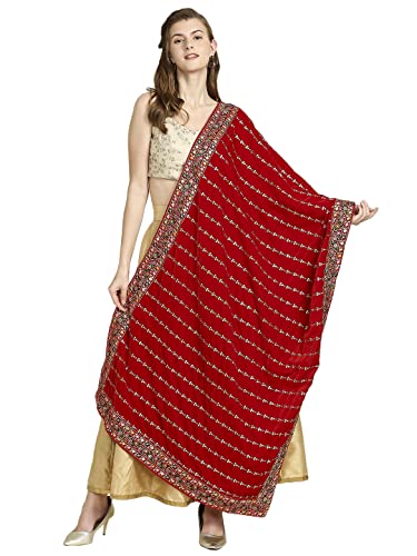 Women's Embroidered Velvet Dupatta Free Red