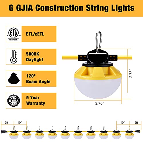 G GJIA 100FT Construction String Lights 100W 12000LM, Industrial Grade LED String Work Lights, Super Bright for Construction Sites, Temporary Work, Jobsites, Outdoor Lighting, with 10 Bulbs & Hooks - Thumbnail 7