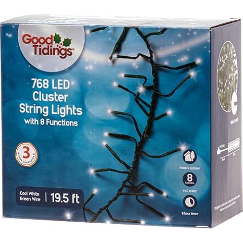 Good Tidings LED Cluster 768 Cool White Twinkle 19.5' Green Wire Cover