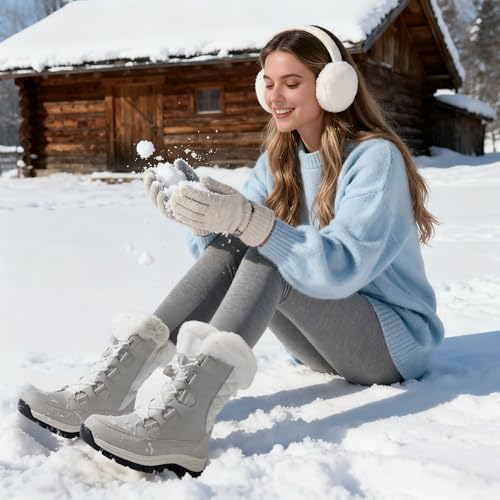 DREAM PAIRS DREAM PAIRS Women's Waterproof Winter Snow Boots, Warm Comfortable Faux Fur Insulated Non-Slip Outdoor Lace-Up Florin Mid Calf Booties,Size 7.5,White/Grey,SDSB2206W