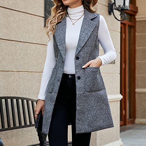 Scofeel Women's Long Cardigan Vest Casual Plaid Open Front Sleeveless Blazer Trench Coat Jacket Us Medium, Grey #TOP1
