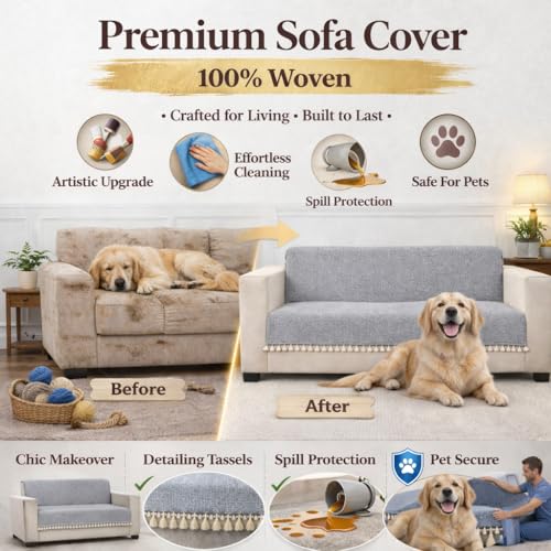 Image of STITCHNEST Grey Chenille Sofa Cover 70x30 Inch - Soft, Durable & Textured Fabric with Tassels | Sofa for Living Room, Bedroom, or Drawing Room