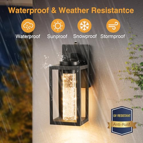 Image of VIANIS 2 Pack Exterior Garage Lighting Fixtures Wall Mount, 100% Aluminum | Durable Crystal Bubble Glass, Modern Black Outdoor Porch Lights for House, Built-in LED Outdoor Wall Sconce Lights Lantern