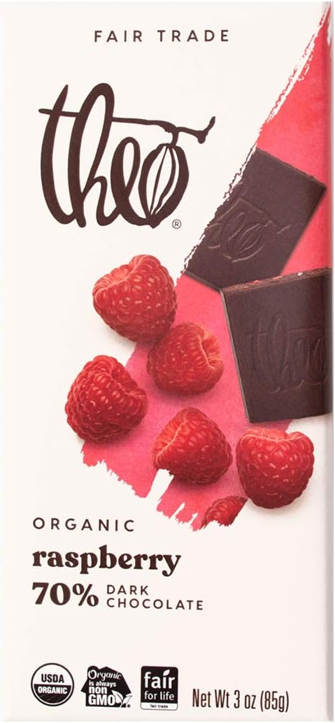 Theo Chocolate Raspberry Organic Dark Chocolate Bar, 70% Cacao, 1 Bar | Vegan, Fair Trade