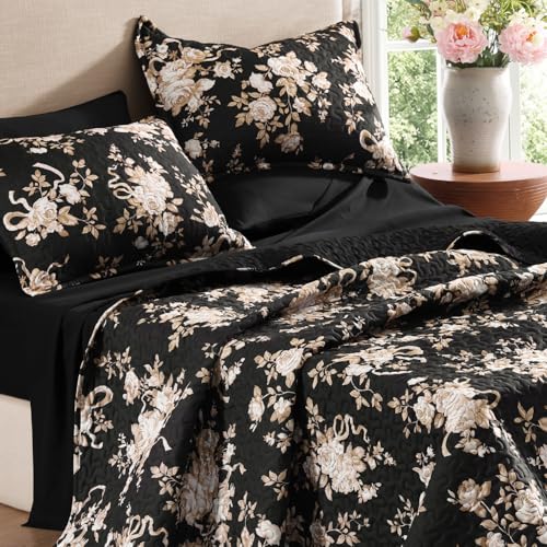 Image of Andency Quilt Queen Size, Black Flower Bedspread Queen Size, 3 Pieces Soft Bedding Set, Lightweight Coverlet Set for All Season with 2 Pillowcases (96 inchx90 inch)