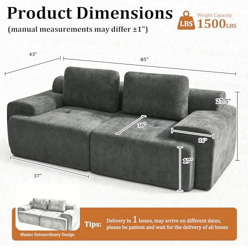 Image of 85 inch Oversized Boneless Couch, Comfort Cloud Sectional Couches for Living Room, Modular Sofa High Back & Extra Deep Seat, No Assembly, Soft Chenille Fabric (Dark Grey, 85 inch- Shaped（2+0）)