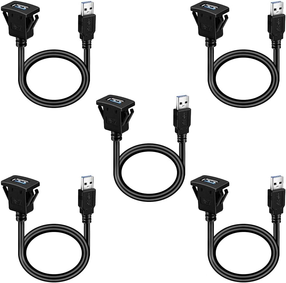 BATIGE 5 Pack Square Single Port USB 3.0 Flush Mount Extension Cable for Car Truck Boat Motorcycle Dashboard 1ft