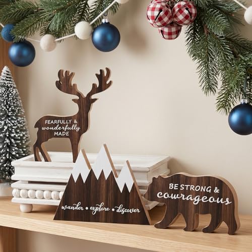 Image of Jetec 3 Sets Woodland Animal Figurines and Wooden Mountain Table Signs | Rustic Tiered Tray Centerpieces, Neutral Nursery Tabletop Decoration, Wooden Mountain Deer Bear Decor, Inspirational Quote