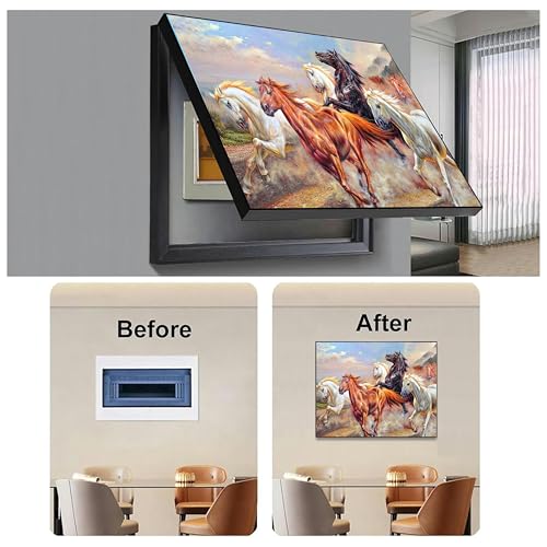 Image of Electric MCB Box Cover Frame With Hydraulic Decorative White 7 Running Horse Painting Electrical Panel box Cover, Switch Box Frame Will Fit Max 15x20 inch Switch Board, Outer Box Size 17X23 Inch