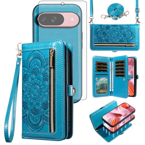 Pochette Google Pixel 9 Pro fine gravure Mandala et fermeture zippée
