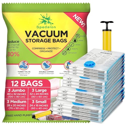 Vacuum Storage Bags - Pack of 12 (3 Jumbo + 3 Large + 3 Medium + 3 Small) ReUsable with free Hand Pump for travel packing | Best Sealer Bags for Clothes, Duvets, Bedding, Pillows, Blankets, Curtains