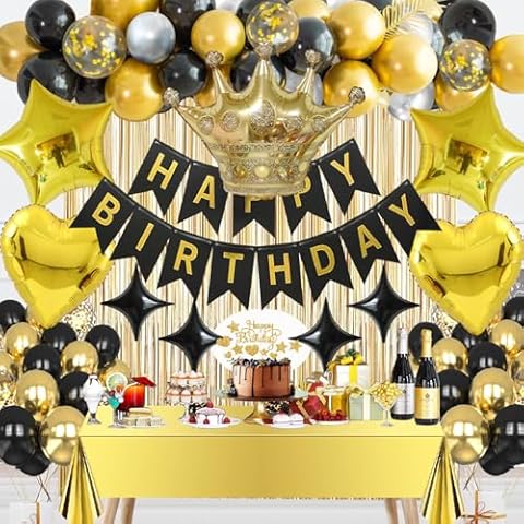 JiaYJinX Black and Gold Birthday Party Decorations, Happy Birthday Party Supplies for Men Women Includes Balloons Arch, Curtains, Banner, Tablecloth, Foil Balloons, Cake Toppers for Birthday Party Cover