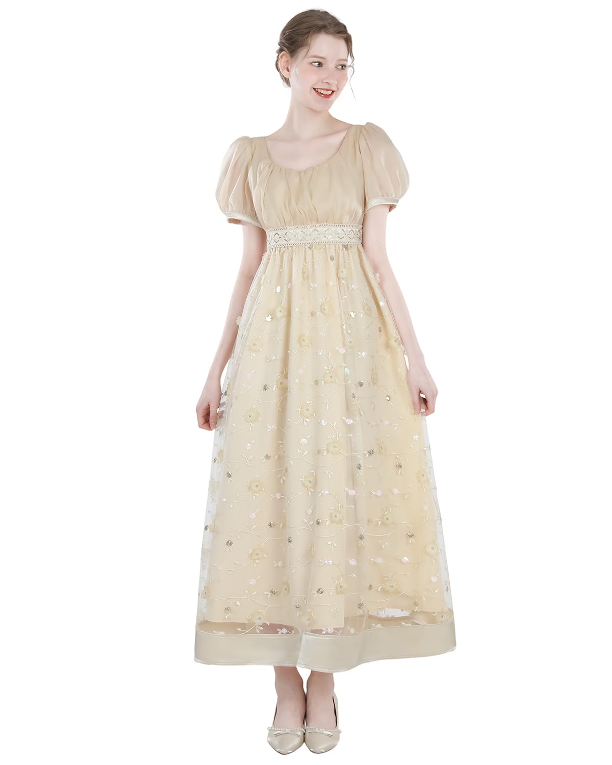 CR ROLECOS Regency Dress for Women Regency Costume Empire Waist Tea Party Victorian Gown Champagne Gold M - Image 2