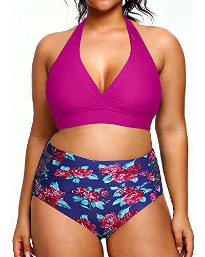 Yonique Womens Two Piece Plus Size Halter Bikini Swimsuits Tummy Control Bathing Suits High Waisted Swimwear Purple And Flowers 14W #TOP2