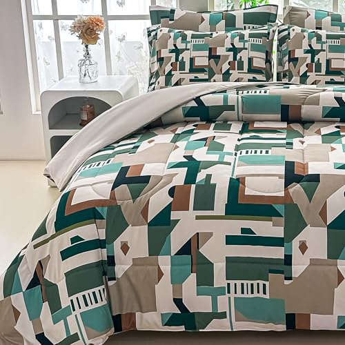 Image of lasoftan Geometry Queen Comforter Set with Sheets, 7 Piece Luxury Vintage Bedding, Soft Microfiber Bed in a Bag, Cozy Lightweight Bed Set, Brown Green Geometry