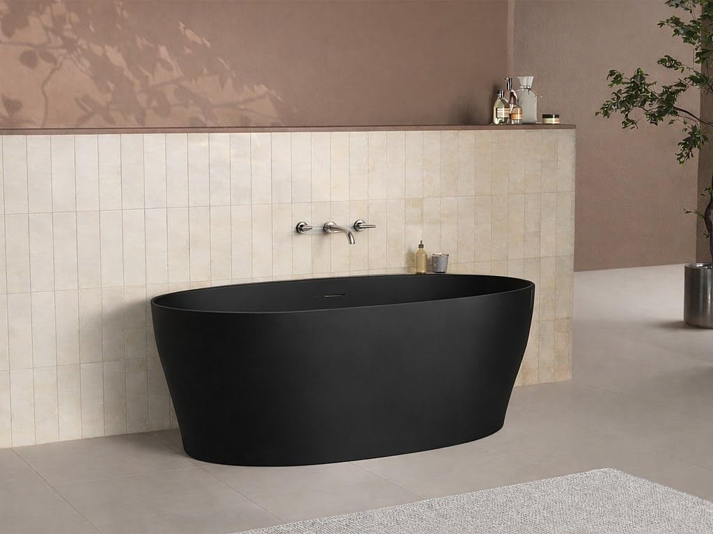 Vente-unique - Bañera semi exenta Lumel - L 160cm x A 80cm x H 58cm - acrílico - negro