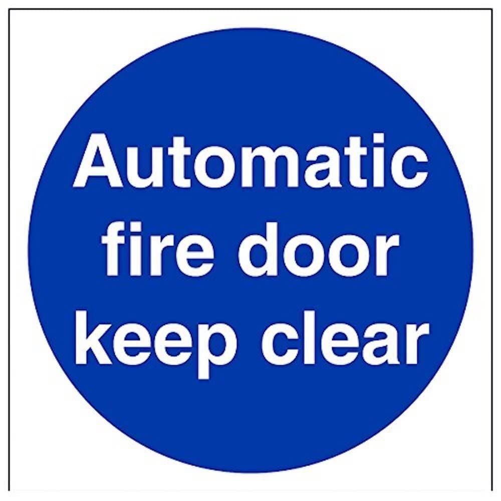 V Safety Automatic Fire Door Keep Clear Mandatory Sign - 150mm x 150mm - Self Adhesive Vinyl