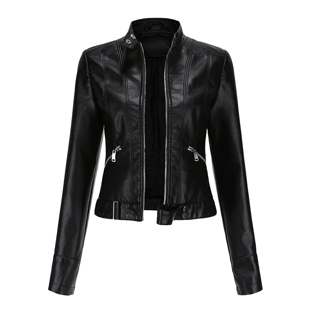 YYNUDA Giacca da donna elegante in ecopelle con zip su moto corta PU Moto Biker Outwear aderente cappotto sottile