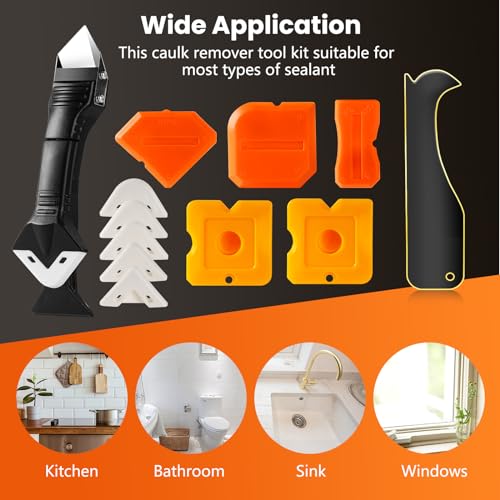 3 in 1 Silicone Caulking Tools(Stainless Steelhead), 12pack, Caulk Remover Tool Kit with Replace Silicone Padsgood Pads and Caulk Finishing Tools, Caulking Tool Kit for Kitchen, Bathroom - Image 6