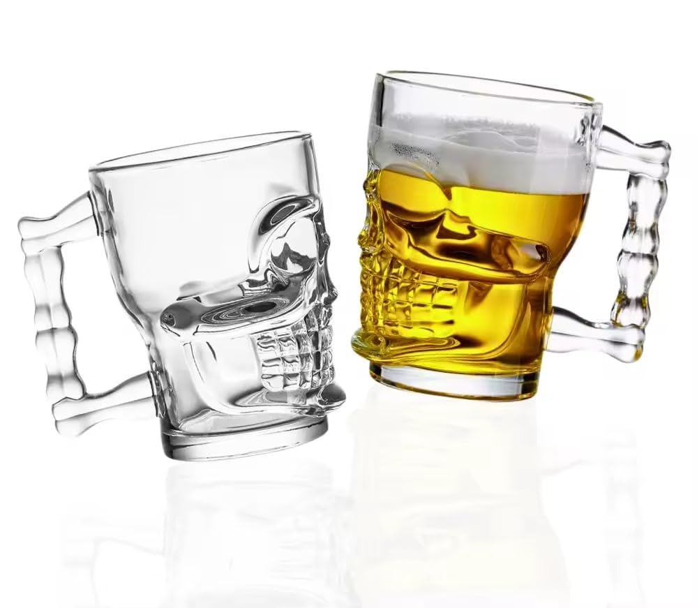 HOME CRAF® Skull Beer Mug Crystal Clear Large Beer Glass 500 ML, Set of 2 Beer Mug with Handle Brandy, Wine, Juice, Water Mug for Tableware, Halloween Skull Mug, Cocktail Glasses